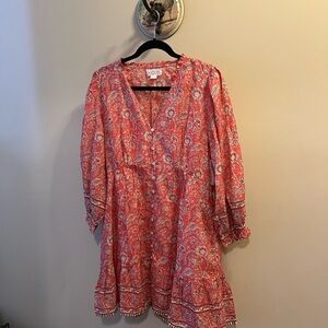 Velvet Coral lined White Patterned Fabric Flowy dress Size M